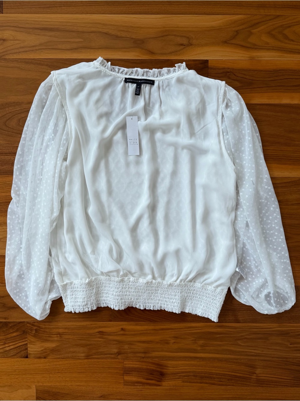 NWT White House Black Market Ecru Clip Dot Smocked Blouse Size L Peasant Ruffle - Picture 13 of 14